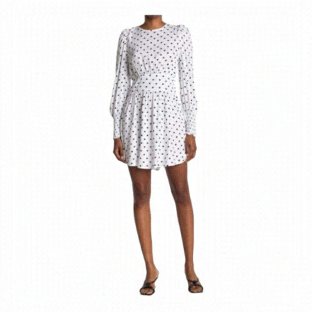 AFRM long sleeve white polka dot smocked mini dress with cutout back size XS